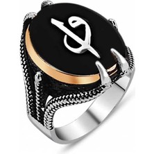 Inure Jewelry Gümüş Siyah Taşlı Kartal Pençesi Elif Vav Erkek Yüzük