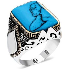 Inure Jewelry ​Gümüş Turkuaz Taşlı Köşeli Erkek Yüzük
