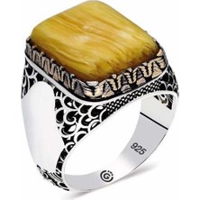 Inure Jewelry ​gümüş  Koyu Sarı Sıkma Kehribar Taşlı Kare Erkek Yüzük