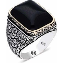 Inure Jewelry ​Gümüş Desenli Siyah Zirkon Taşlı Kare Erkek Yüzük