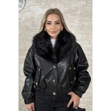 Muna Boutique Ithal Yakası Kürklü Siyah Kadın Mont