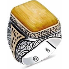 Inure Jewelry ​Gümüş Sıkma Kehribar Kare Erkek Yüzük