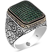Inure Jewelry Gümüş Yeşil Zirkon Taşlı Kare Erkek Yüzük