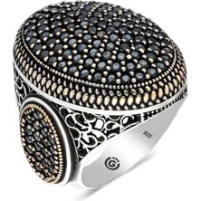 Inure Jewelry Gümüş Siyah Zirkon Taşlı Oval Erkek Yüzük