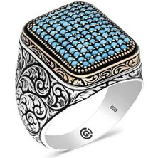 Inure Jewelry Gümüş Turkuaz Zirkon Taşlı Kare Erkek Yüzük