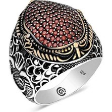 Inure Jewelry Gümüş Kırmızı Zirkon Taşlı Oval Erkek Yüzük