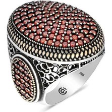 Inure Jewelry Gümüş Kırmızı Zirkon Taşlı Oval Erkek Yüzük