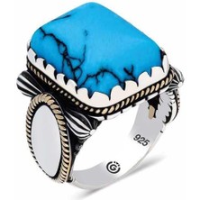 Inure Jewelry Gümüş Zirkon Sade Turkuaz Taşlı Kare Erkek Yüzük