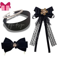 Pegu 4 Lü Set Incili Taç,kadife Taç,çiçekli Yaka Broş,kadife Otomatik Toka,sevgililer Günü Hediye