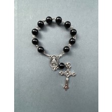 Yada Unique 8 mm Siyah Oniks Doğal Taş Katolik Mini Hrıstiyan Rosary Tesbih -Gümüş Rengi