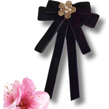 Pegu Luxury Siyah Kadife Kurdele Incili Çiçekli Yaka Broş,papyon,kravat ..