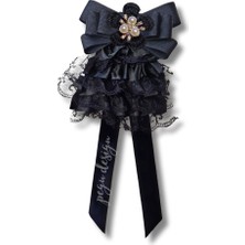 Pegu Luxury Siyah Dantelli Kurdele Incili Çiçekli Yaka Broş,papyon,kravat ..