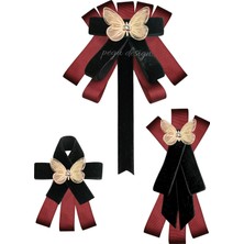 Pegu Kelebekli 3 Lü Siyah Kadife Broş Set Kristal Taş,papyon Kravat Yakalık Yaka Iğnesi Kadın Broş