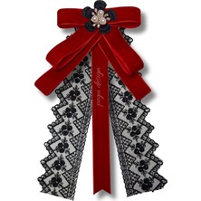 Pegu Açık Kırmızı Kadife Kurdele Dantel Güpürlü Incili Çiçekli Yaka Broş,papyon,kravat ..