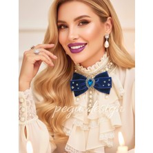 Pegu Lacivert Kadife , Yanlar Inci Sallantılı Kristal Taşlı ,kadın Papyon,broş,yeniyıl Kutlama,kravat