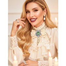 Pegu Ekru Kadife , Yanlar Inci Sallantılı Kristal Taşlı ,kadın Papyon,broş,yeniyıl Kutlama,kravat