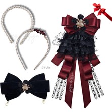 Pegu 4 Lü Set Incili Taç,çiçekli Yaka Broş,kadife Otomatik Toka,sevgililer Günü Hediye