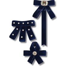 Pegu 3 Lü Lacivert Kadife Broş Set Kristal Taş,papyon Kravat Yakalık Yaka Iğnesi Kadın Broş