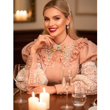 Pegu Ekru Kadife ,kristal Taşlı ,kadın Papyon,broş,yaka Iğnesi,kravat