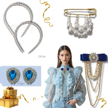 Pegu 5 Li Set Incili Taç,yaka Broş,iskoç Iğnesi ,çift Küpe Sevgililer Günü Hediye