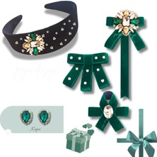 Pegu 5 Li Set Kadife Taç,taşlı Yaka Broş ,çift Küpe Sevgililer Günü Hediye