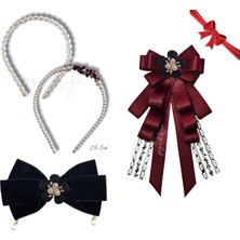 Pegu 4 Lü Set Incili Taç,çiçekli Yaka Broş,kadife Otomatik Toka,sevgililer Günü Hediye