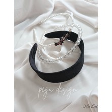 Pegu 3 Lü Set Geniş Kadife Siyahve Sıralı Inci Taç , Gelin,davet ,kutlama ,günlük,