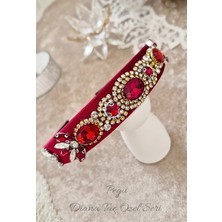 Pegu Kırmızı Kristal Kesim Taşlı Özel Tasarım Kadife Taç ,davet,yılbaşı,düğün,balo,noel,yeni Yıl