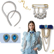 Pegu 5 Li Set Incili Taç,yaka Broş,iskoç Iğnesi ,çift Küpe Sevgililer Günü Hediye