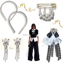 Pegu 5 Li Set Incili Taç,yaka Broş,iskoç Iğnesi ,çift Küpe Sevgililer Günü Hediye