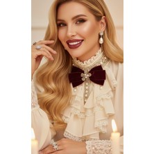 Pegu Bordo Kadife Incili Çiçekli Yaka Broş,papyon,kravat ..