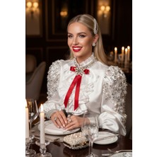 Pegu Kırmızı Saten Kristal Taşlı Kurdele Broş,yaka Iğnesi ,yılbaşı Kutlama,okul,ofis