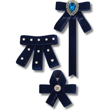 Pegu 3 Lü Lacivert Kadife Broş Set Kristal Taş,papyon Kravat Yakalık Yaka Iğnesi Kadın Broş