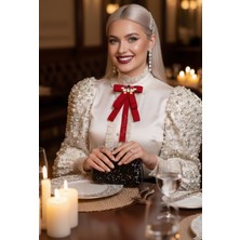 Pegu Kırmızı Saten Kristal Taşlı Kurdele Broş,yaka Iğnesi ,yılbaşı Kutlama,okul,ofis