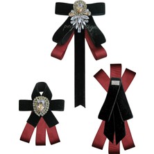 Pegu 3 Lü Siyah Kadife Broş Setkristal Taş,papyon Kravat Yakalık Yaka Iğnesi Kadın Broş