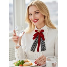 Pegu Açık Kırmızı Kadife Kurdele Dantel Güpürlü Incili Çiçekli Yaka Broş,papyon,kravat ..