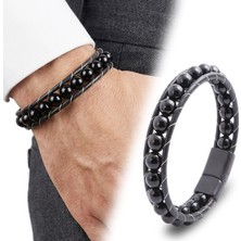 Fm Parlak Oniks Taşı Örmeli Deri Bileklik 31832B2D8M25