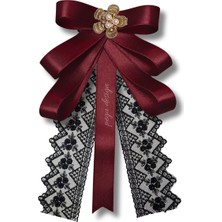 Pegu Bordo Saten Kurdele Dantel Güpürlü Incili Çiçekli Yaka Broş,papyon,kravat ..