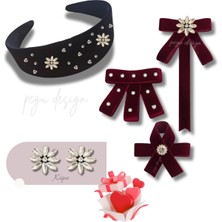 Pegu 5 Li Set Kadife Taç,taşlı Yaka Broş ,çift Küpe Sevgililer Günü Hediye