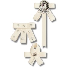 Pegu 3 Lü Ekru Kadife Broş Set Kristal Taş,papyon Kravat Yakalık Yaka Iğnesi Kadın Broş