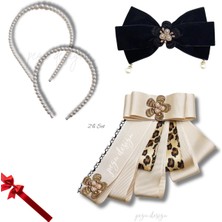 Pegu 4 Lü Set Incili Taç,çiçekli Yaka Broş,kadife Otomatik Toka,sevgililer Günü Hediye