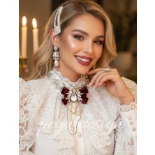 Pegu Bordo Kadife ,kristal Taşlı ,kadın Papyon,broş,yaka Iğnesi,kravat