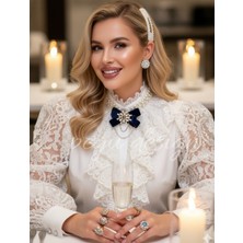 Pegu Lacivert Kadife ,kristal Taşlı ,kadın Papyon,broş,yaka Iğnesi,kravat