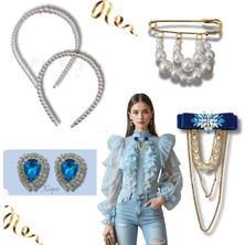 Pegu 5 Li Set Incili Taç,yaka Broş,iskoç Iğnesi ,çift Küpe Sevgililer Günü Hediye