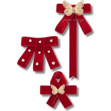 Pegu Kelebekli 3 Lü Kırmızı Kadife Broş Set Kristal Taş,papyon Kravat Yakalık Yaka Iğnesi Kadın Broş