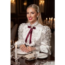 Pegu Bordo Kristal Taşlı Kurdele Broş,yaka Iğnesi ,yılbaşı Kutlama,okul,ofis