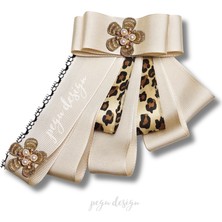 Pegu Luxury Ekru Grogren Leopar Saten Urdele Incili Çiçekli Yaka Broş,papyon,kravat ..