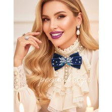 Pegu Lacivert Kadife , Yanlar Inci Sallantılı Kristal Taşlı ,kadın Papyon,broş,yeniyıl Kutlama,kravat