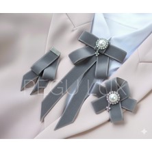 Pegu Lux Gri Kadife 3 Lü Set Kurdele Broş Yaka Igne Okul,işhediye,şal,gömlek Aksesuar