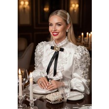 Pegu Siyah Saten Kristal Taşlı Kurdele Broş,yaka Iğnesi ,yılbaşı Kutlama,okul,ofis